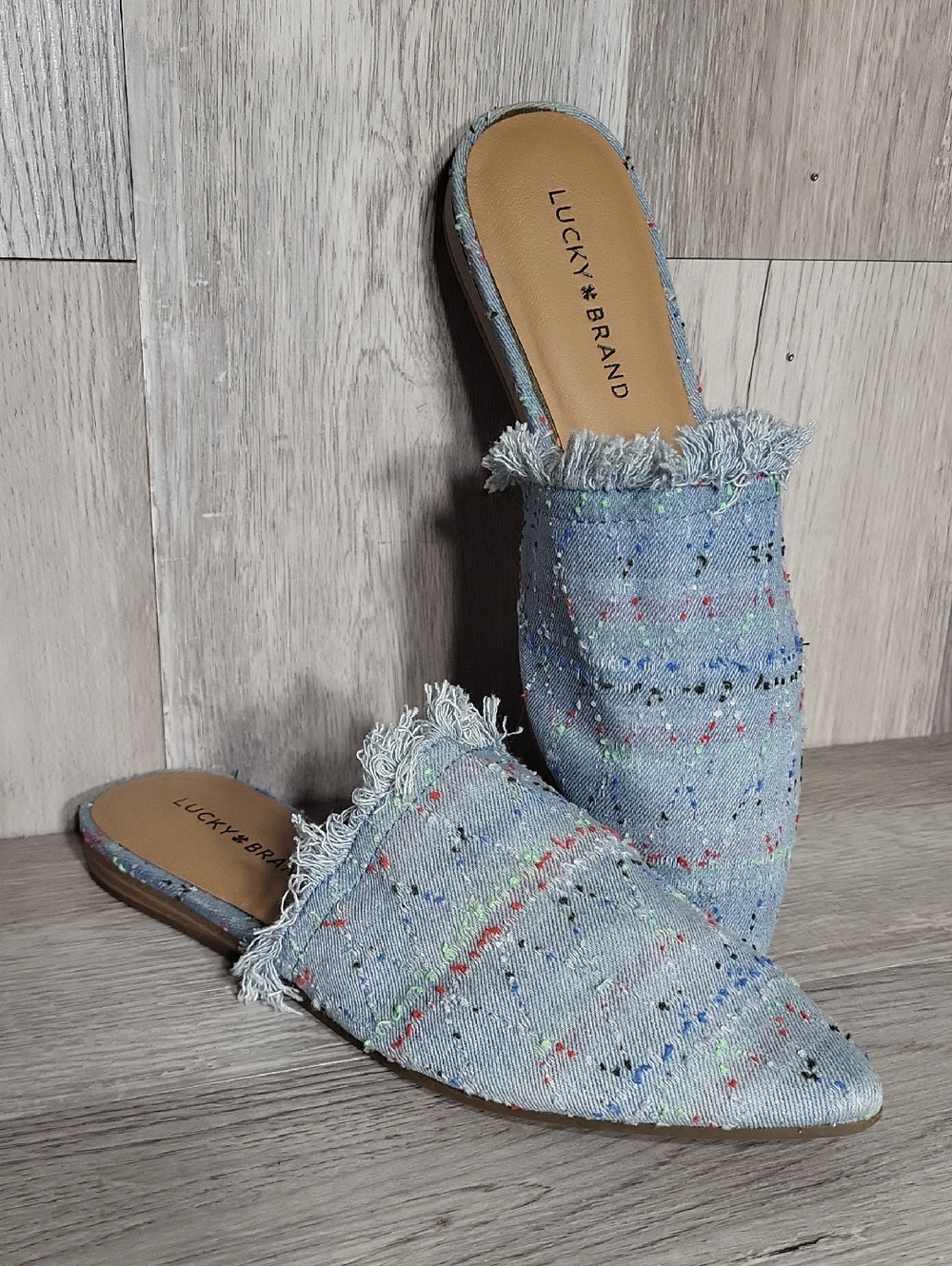 Lucky Brand Denim Embroidered Pointed Toe Mule Flats Frayed Trim Slip On Shoes